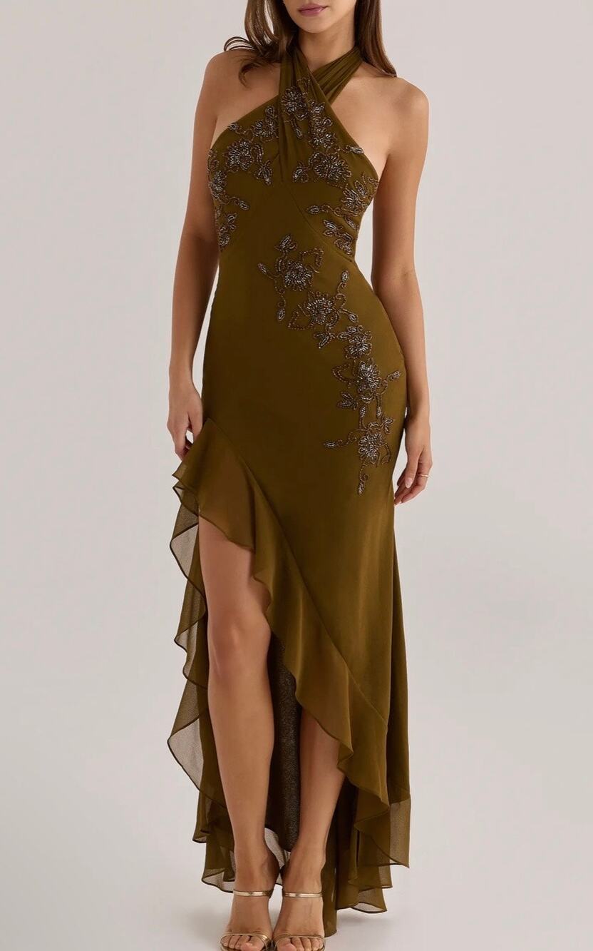 House of CB Raquel Georgette Halter Maxi Gown Dress Sage Green Size M